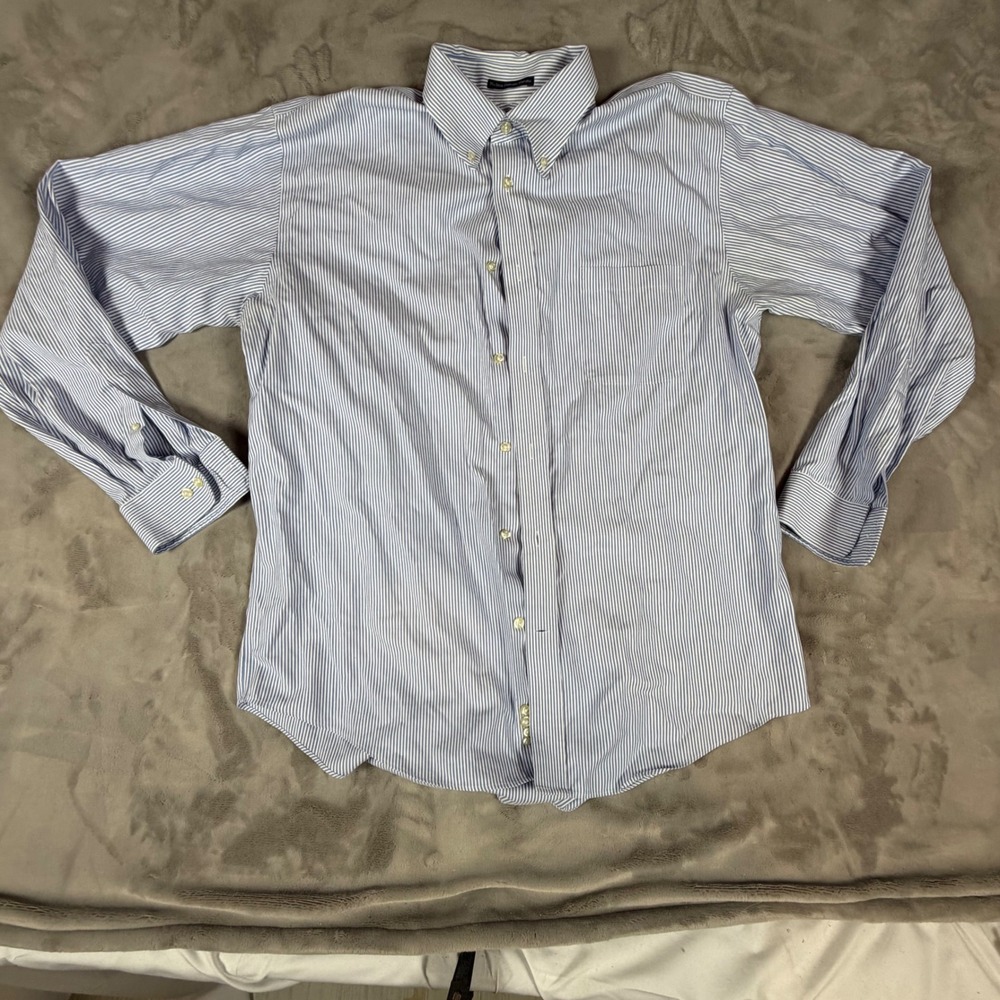 Lands End No Iron Pinpoint Oxford Shirt Mens L Blue White Striped Button Down